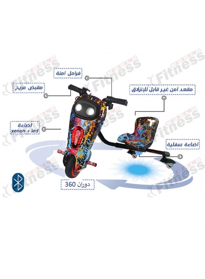 Fitness World Mini electric scooter, electric drift scooter that can carry up to 80 kg, play your own custom music via Bluetooth and adjust three speeds with LED lights and power display, equipped with three wheels, the rear wheel is illuminated - Image 2