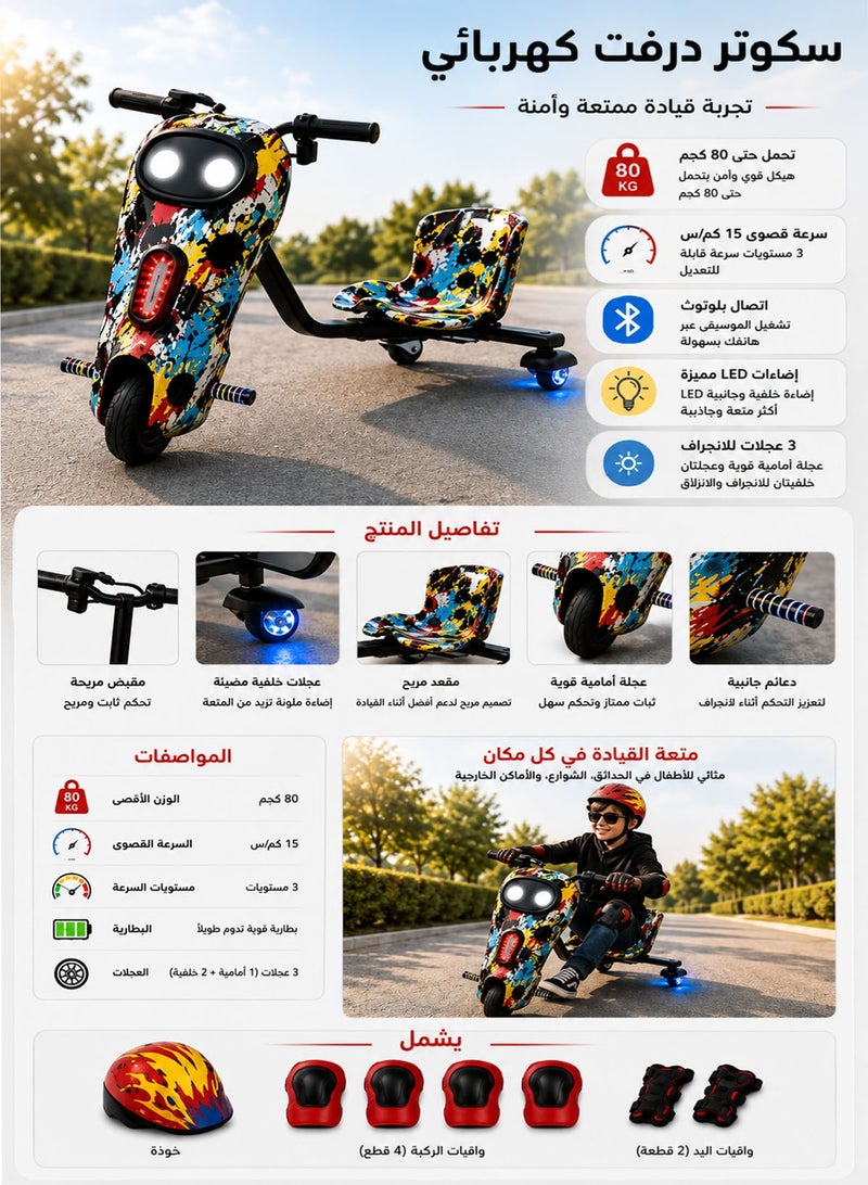 فيتنس ورلد لعبة سكوتر كهربائي صغير,سكوتر درفت كهربائي يتحمل حتى 80 كيلو, قم بتشغيل الموسيقى المخصصة الخاصة بك عم طريق البلوتوث و تعديل ثلاث سرعات مع مصابيح LED وشاشة عرض الطاقة ,مزود بثلاث عجلات العجلة الخلفية مضيئة - Image 2