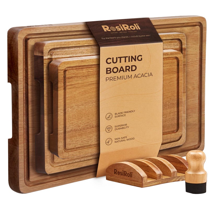 RosiRoli Acacia Wood Cutting Board for Kitchen, Set of 3 - Durable 1" Thick Chopping Boards with Juice Grooves & Handles for Prep & Serving, Impressive Gift for Housewarming, Christmas, and Home Chefs - Image 1