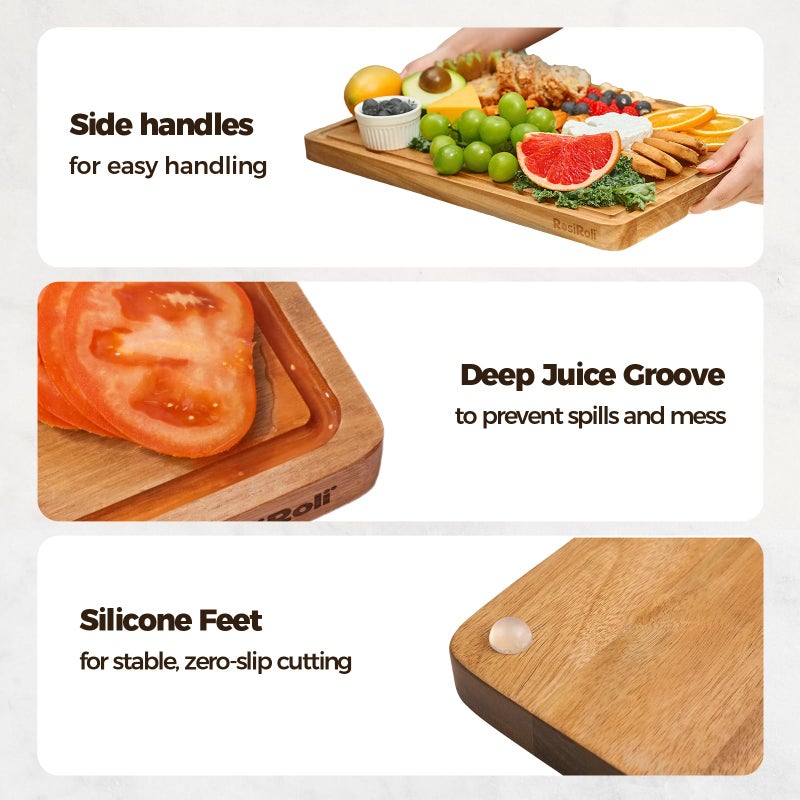 RosiRoli Acacia Wood Cutting Board for Kitchen, Set of 3 - Durable 1" Thick Chopping Boards with Juice Grooves & Handles for Prep & Serving, Impressive Gift for Housewarming, Christmas, and Home Chefs - Image 4