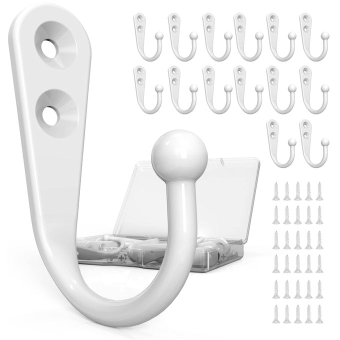 15 PACK HEAVY DUTY COAT HOOKS WALL MOUNT WITH 30 MOUNTING SCREWS WHITE MULTIPURPOSE STORAGE FOR ROBE TOWEL KEY BAG COFFEE MUG