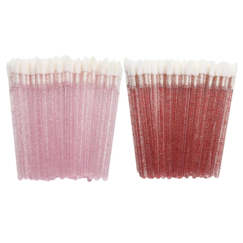 100pcs Disposable Plastic Lip Brush Applicators, Portable Lipstick Applicator Sticks with Red and Pink Crystal Handles, Makeup Tool Kit for Professional and Personal Use - Image 1