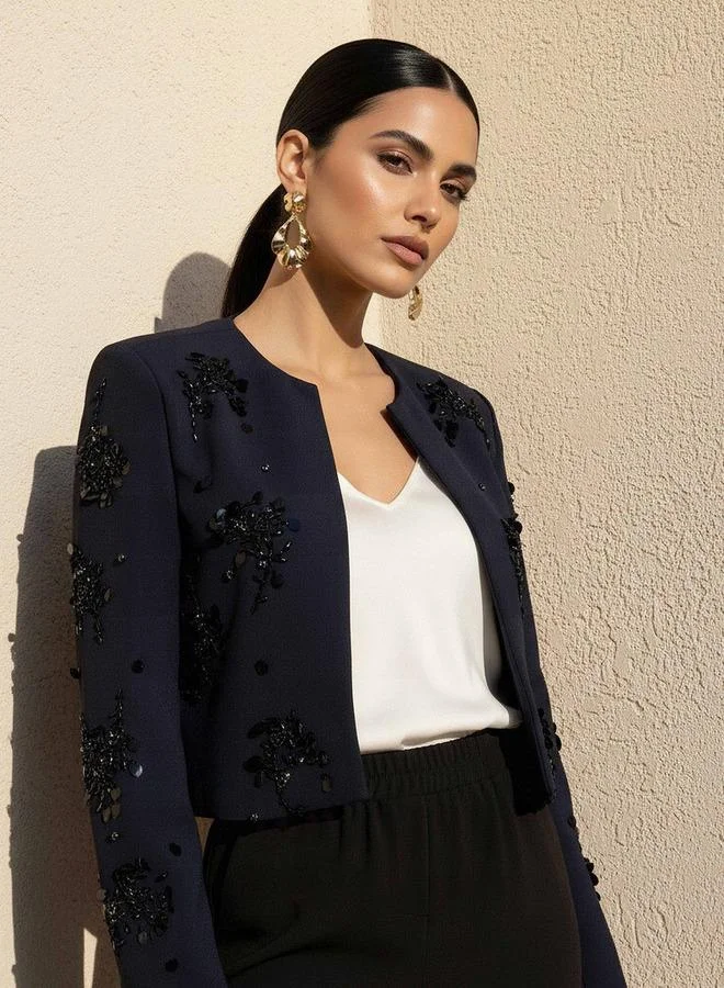 Iconic Iconic Cropped Blazer with Embellished Detail