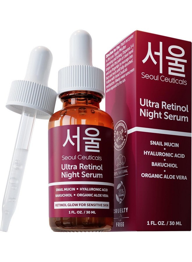 SeoulCeuticals 1% Korean Retinol Night Serum - 97.5% Snail Mucin + Hyaluronic Acid + Bakuchiol - Cruelty Free K Beauty Retinol Face Serum for Sensitive Skin - 30ml - Image 1