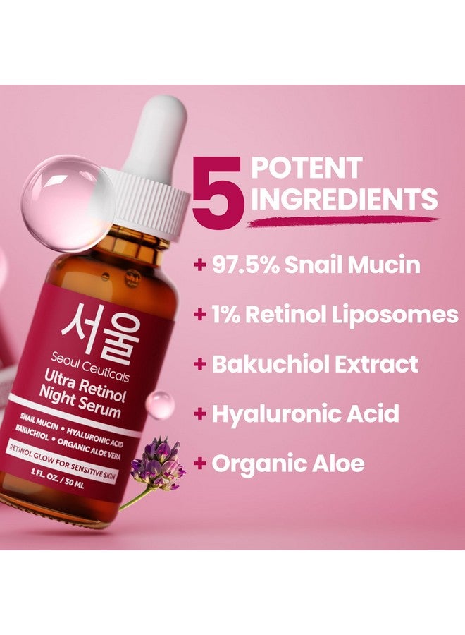 SeoulCeuticals 1% Korean Retinol Night Serum - 97.5% Snail Mucin + Hyaluronic Acid + Bakuchiol - Cruelty Free K Beauty Retinol Face Serum for Sensitive Skin - 30ml - Image 3