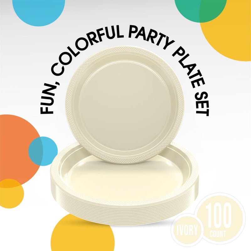 Exquisite Ivory Plastic Plates for Party Supplies - 100 Pcs (50-7"" & 50-9"") Dessert & Dinner Plate Set - Heavy Duty 350 GSM Disposable Dinnerware - Image 1