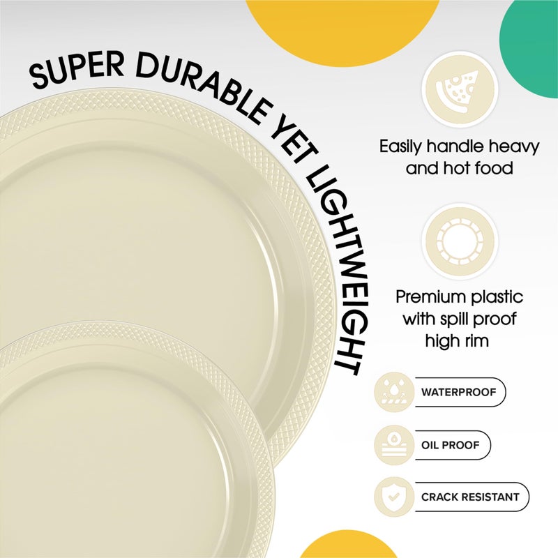 Exquisite Ivory Plastic Plates for Party Supplies - 100 Pcs (50-7"" & 50-9"") Dessert & Dinner Plate Set - Heavy Duty 350 GSM Disposable Dinnerware - Image 3