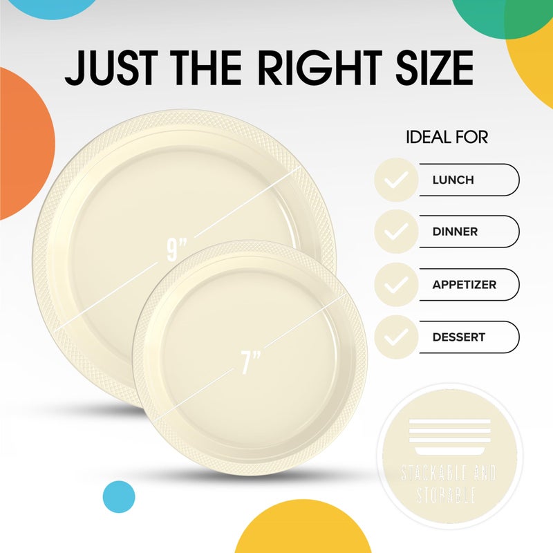 Exquisite Ivory Plastic Plates for Party Supplies - 100 Pcs (50-7"" & 50-9"") Dessert & Dinner Plate Set - Heavy Duty 350 GSM Disposable Dinnerware - Image 2