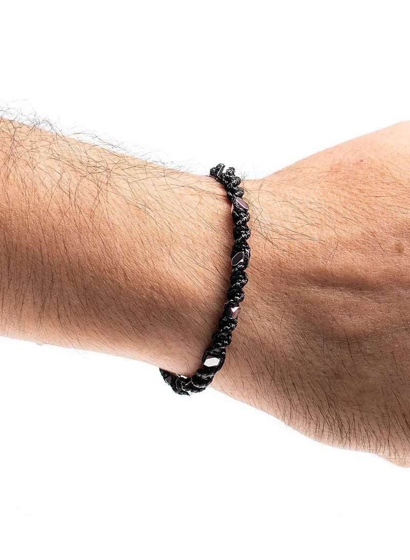 CHRYSOSTOMOS Handmade Adjustable Beaded Men's Bracelet with Black Cord and Hematite Stones, Adjustable Macrame Tying