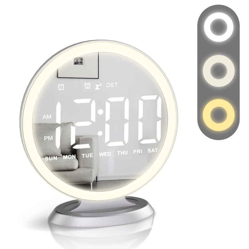 Round Mirror Lighted Digital Alarm Clock Mirror Surface for Makeup Large Display Easy Setting Auto DST Auto Dimming USB Port Modern Decor for Home Bedroom Office Gift for Women Girl Silver