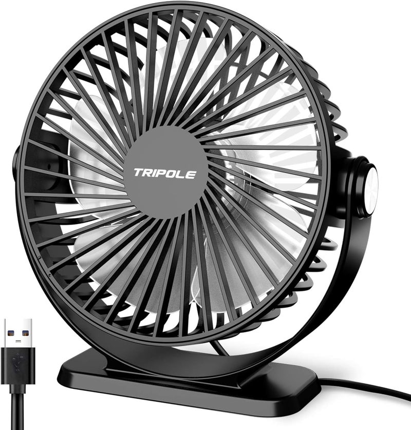 TriPole Small Desk Fan USB Powered Portable Fan 3 Speeds Strong Airflow Mini Fan 360°Rotation Personal Table Fans for Home Office Bedroom Desktop, 5.1 Inch Black, 4.9ft Cable - Image 1