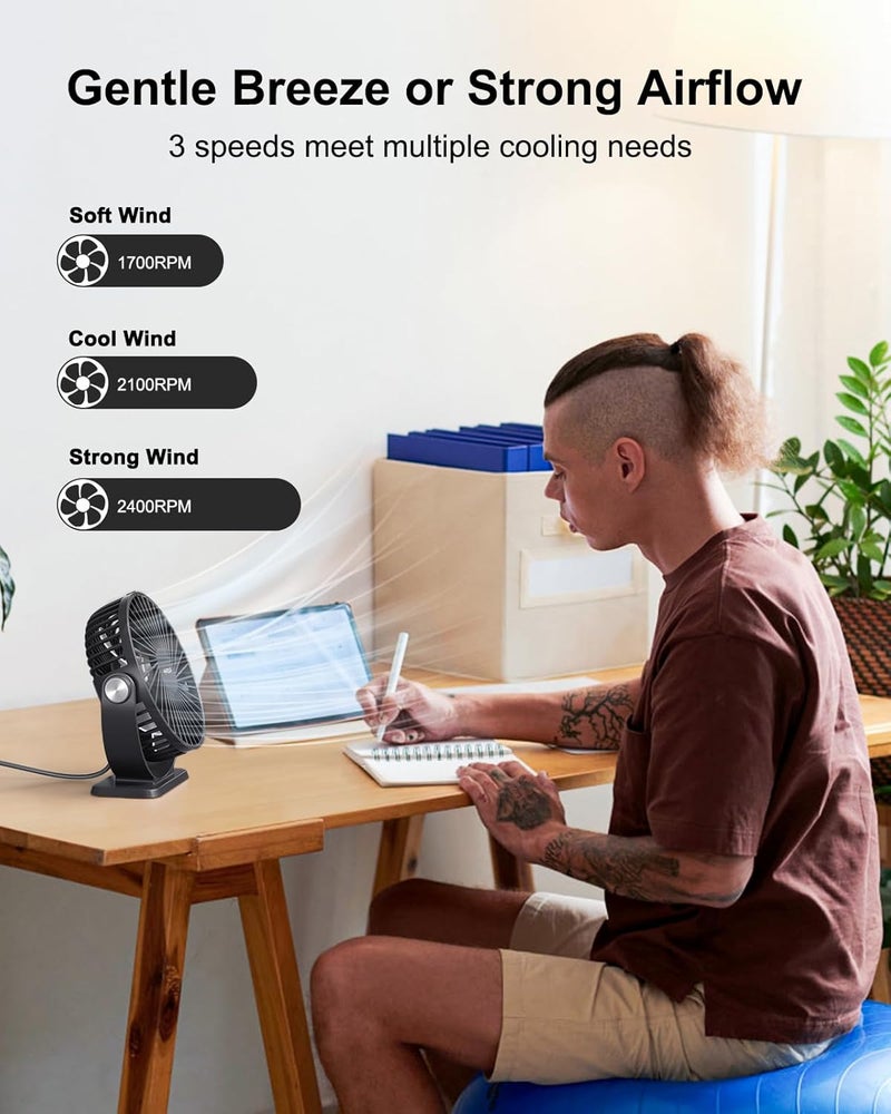 TriPole Small Desk Fan USB Powered Portable Fan 3 Speeds Strong Airflow Mini Fan 360°Rotation Personal Table Fans for Home Office Bedroom Desktop, 5.1 Inch Black, 4.9ft Cable - Image 2