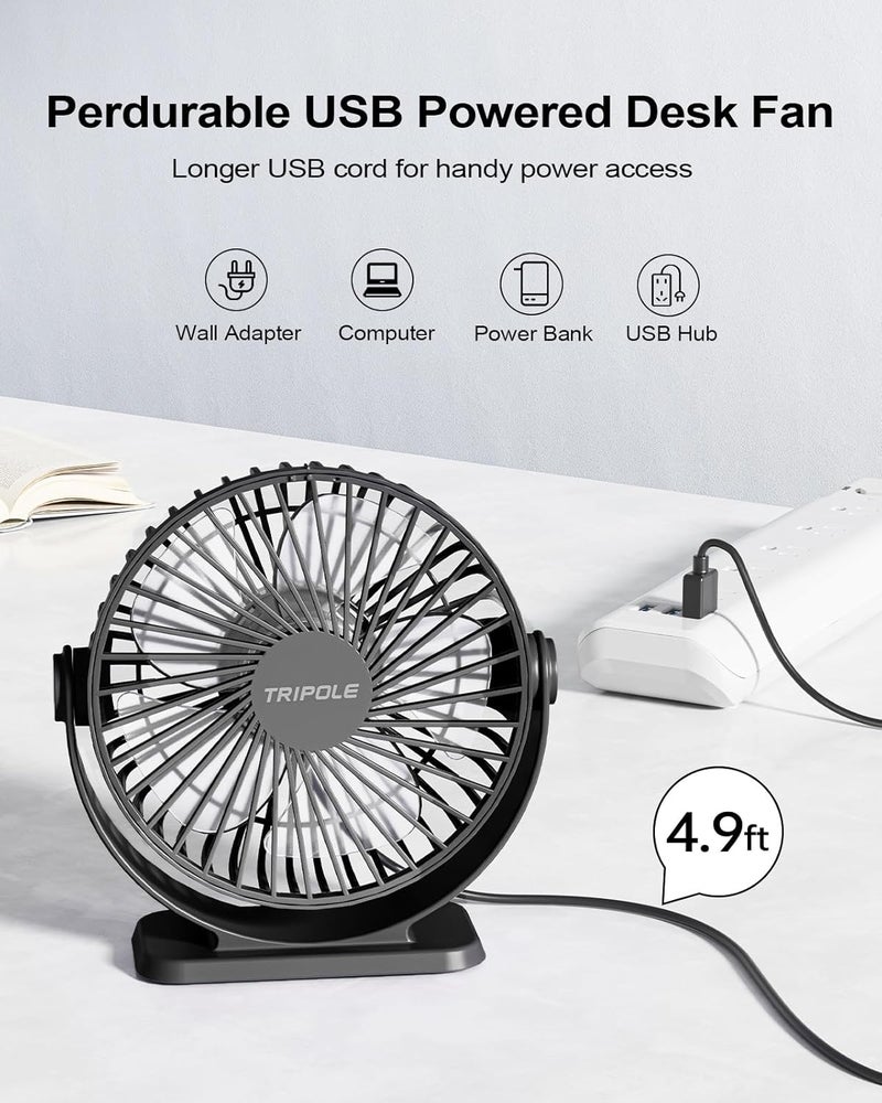 TriPole Small Desk Fan USB Powered Portable Fan 3 Speeds Strong Airflow Mini Fan 360°Rotation Personal Table Fans for Home Office Bedroom Desktop, 5.1 Inch Black, 4.9ft Cable - Image 3