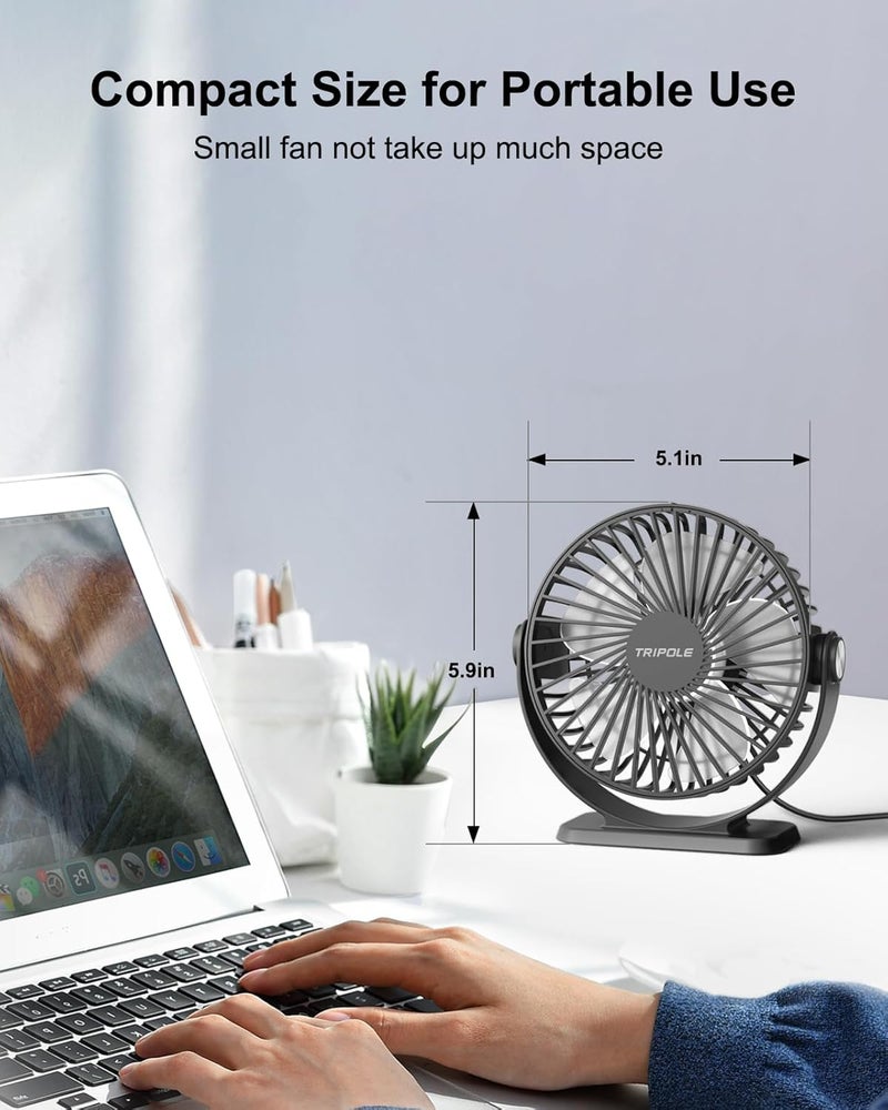 TriPole Small Desk Fan USB Powered Portable Fan 3 Speeds Strong Airflow Mini Fan 360°Rotation Personal Table Fans for Home Office Bedroom Desktop, 5.1 Inch Black, 4.9ft Cable - Image 4