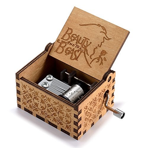 Huntmic Wooden Beauty and The Beast Music Box, Hand Crank Classic Antique Carved Wood Musical Boxes Birthday Gift for Kids Children - Image 1