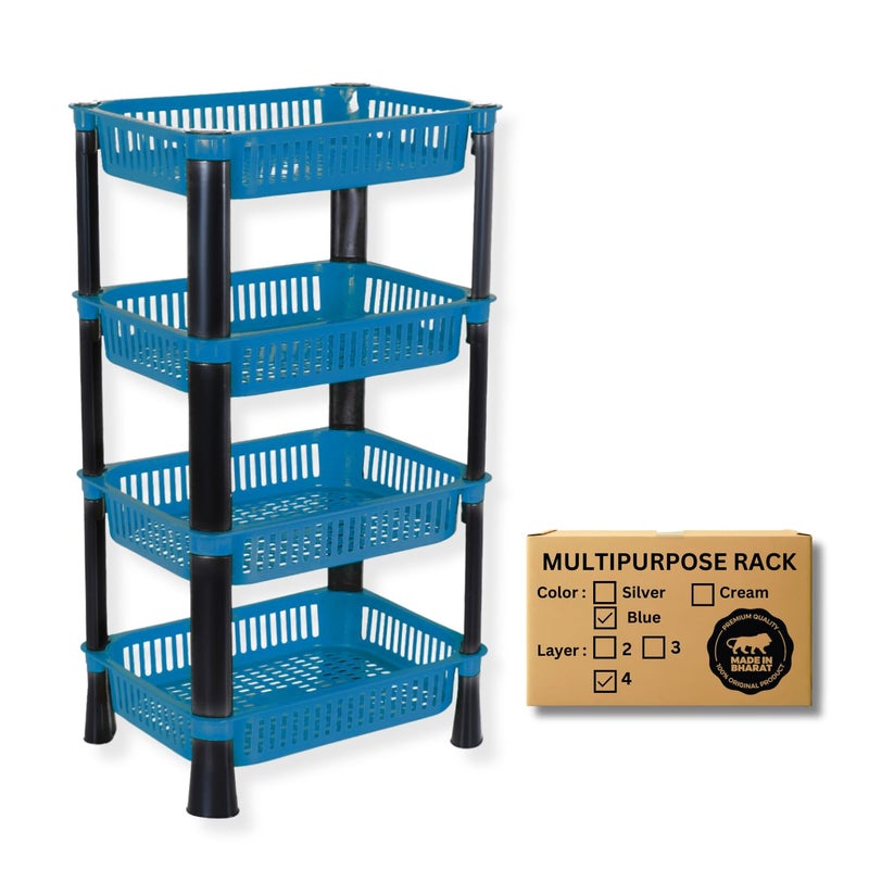 Morbrix Rack Stand for Storage Multi Purpose Vegetable Storage Rack Plastic Space Saving Basket Organizer for Household Office Bedroom Kitchen Living Room 4 Layer Rack Stand Blue Color - Image 1
