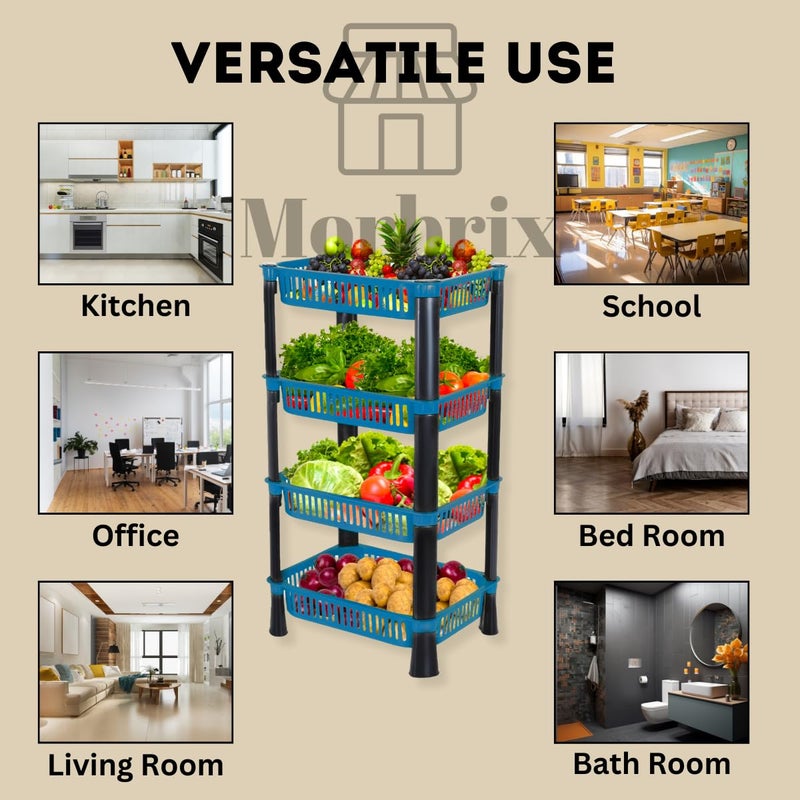 Morbrix Rack Stand for Storage Multi Purpose Vegetable Storage Rack Plastic Space Saving Basket Organizer for Household Office Bedroom Kitchen Living Room 4 Layer Rack Stand Blue Color - Image 4