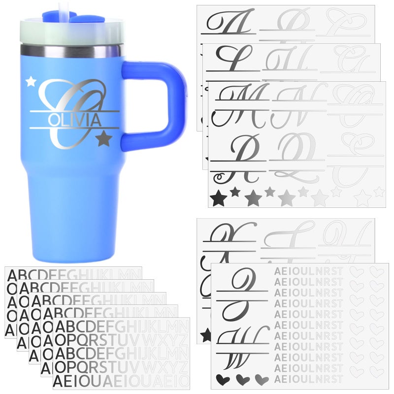 Affrolling 10 Sheets Vinyl Letter Stickers Personalized UV Name Sticker Decals for Tumbler Monogram UV Dtf Cup Wrap Letter Sticker Vinyl Decal Monogram Mugs Waterproof Decals for Laptops(Silver) - Image 1