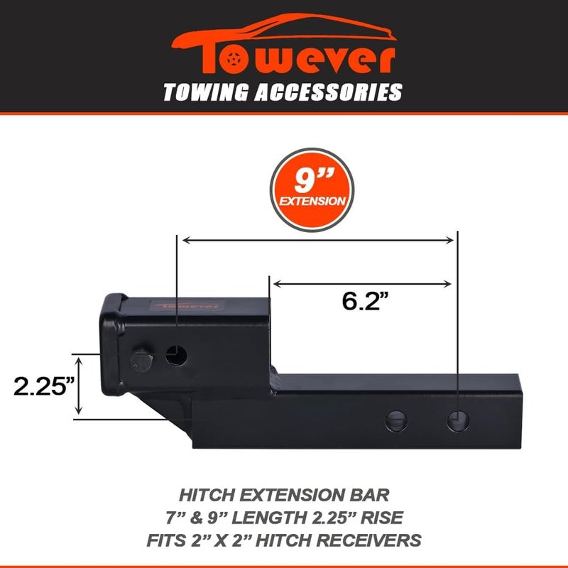 Towever 84121 Hitch Receiver Adapter with 2" Drop/Rise, 9" Hitch Extender, Solid Tube Hitch Riser (GTW/TW 5000/500 LBS) - Image 2