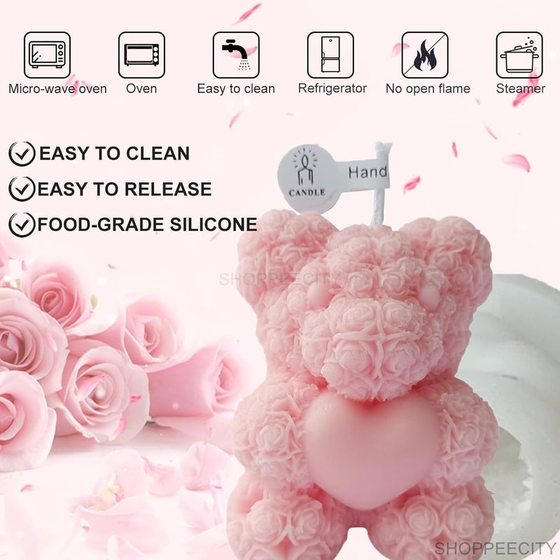 Shoppeecity Rose Bear Shape Candle Mold I 3D Teddy Bear with Heart Silicone Epoxy Casting Mould I for DIY Handmade Ornament Cake Dcor Aromatherapy Soap Resin Art Craft Making Home Dcor Birthday Gift Valentines Day Gift Small - Image 2