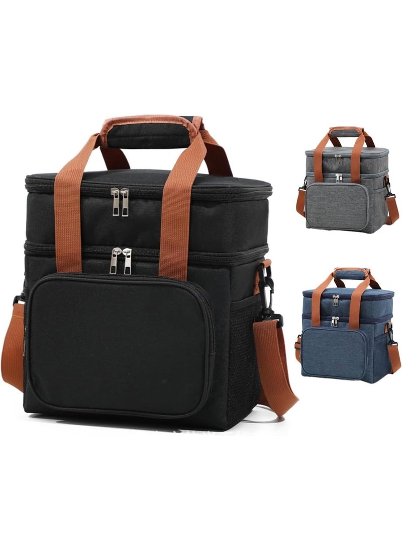 آه آه صندوق غداء معزول للرجال والنساء - حقيبة غداء مبردة مانعة للتسرب، حقيبة غداء حرارية مزدوجة الطبقات، سعة كبيرة، صندوق نزهة، حقيبة طعام معزولة، حقائب توصيل مبردة، حزام قابل للتعديل، مثالية للعمل والنزهات والسفر - أسود 27×18×29 سم - Image 1