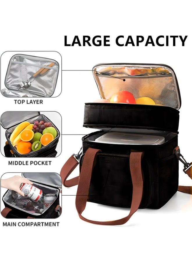 آه آه صندوق غداء معزول للرجال والنساء - حقيبة غداء مبردة مانعة للتسرب، حقيبة غداء حرارية مزدوجة الطبقات، سعة كبيرة، صندوق نزهة، حقيبة طعام معزولة، حقائب توصيل مبردة، حزام قابل للتعديل، مثالية للعمل والنزهات والسفر - أسود 27×18×29 سم - Image 4