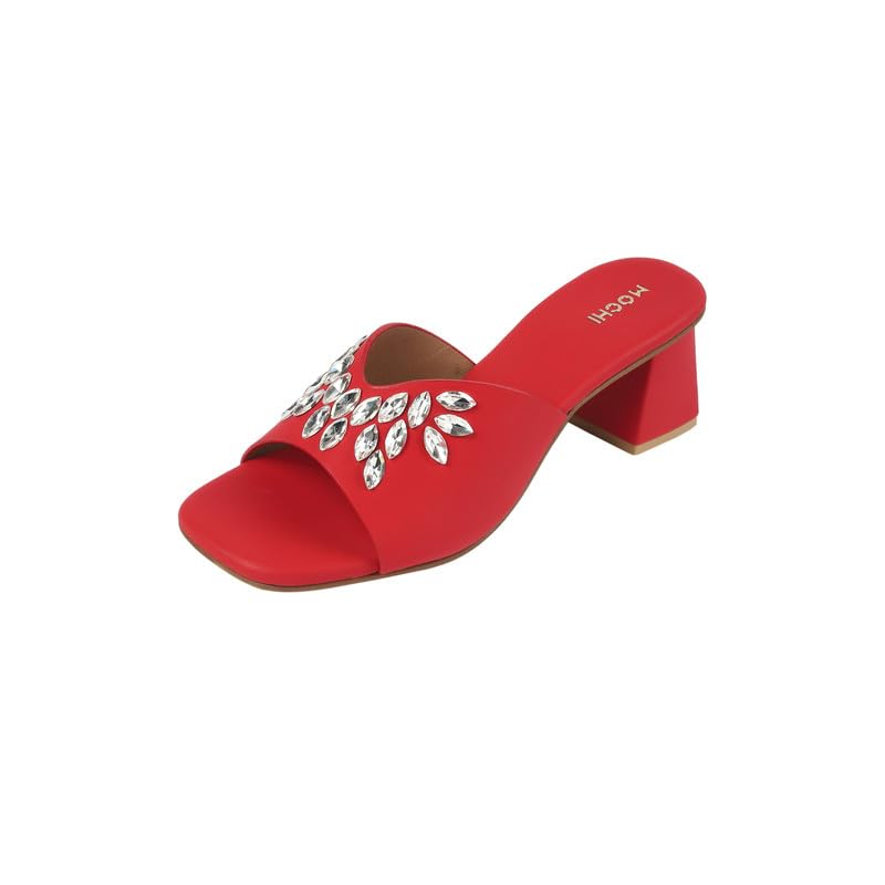 Mochi Women Red Synthetic Embellished Slip-On Block Heel Sandals UK/6 EU/39 (35-2081) - Image 1