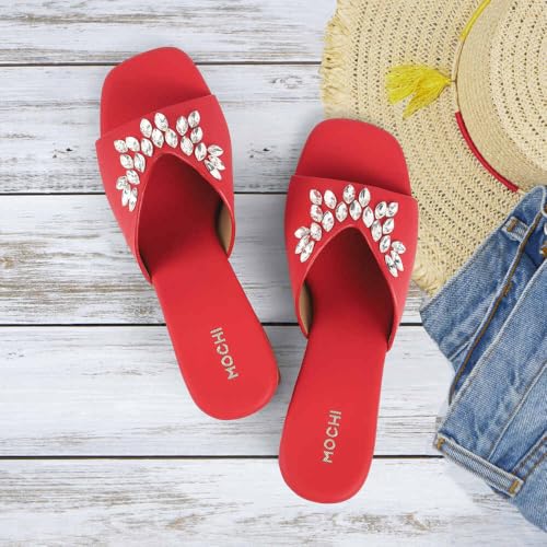 Mochi Women Red Synthetic Embellished Slip-On Block Heel Sandals UK/6 EU/39 (35-2081) - Image 2