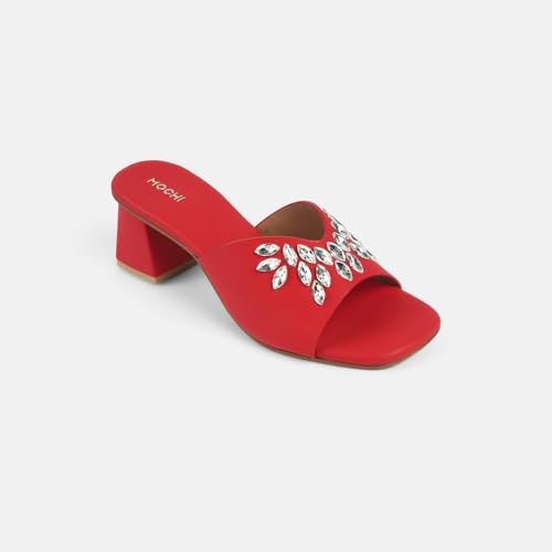 Mochi Women Red Synthetic Embellished Slip-On Block Heel Sandals UK/6 EU/39 (35-2081) - Image 3