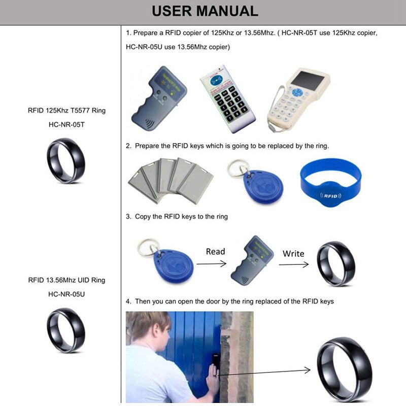 hecere خاتم ذكي من السيراميك الأسود مع شريحة RFID T5577 أو UID للرجال أو النساء (T5577 ID-21MM) - Image 2