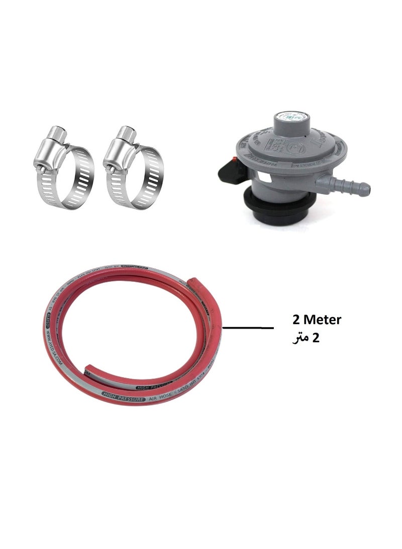 LPG Gas Cylinder Regulator with Hose (2 m 8 mm) and stainless steel clip 2 Piece - Image 1