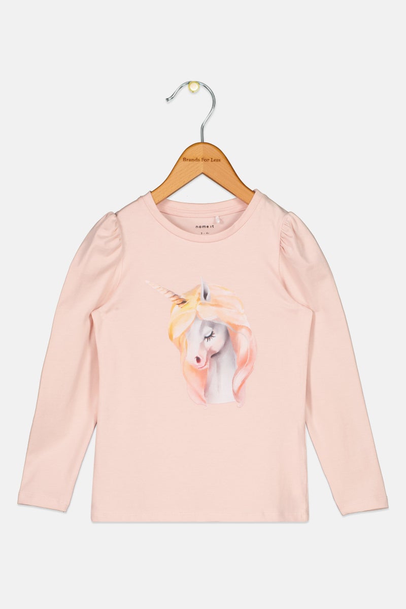 NAME IT تي شيرت طويل الأكمام بنات toddlers بياقة دائرية وطباعة جرافيك، وردي - Image 1