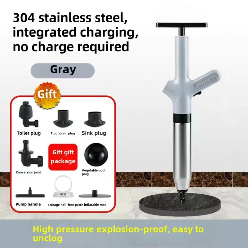 Toilet dredger sewer dredger one shot household toilet toilet kitchen tools high pressure explosion-proof(Gray 304 stainless steel) - Image 1