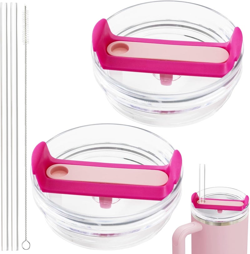 TiciKim 40oz Tumbler Lid Compatible for Stanley, 2 Pack Replacement Tumbler Lids Fit for Stanley Quencher 2.0 Tumbler 40 OZ, with Straws and Cleaning Brush (Hot Pink) - Image 1