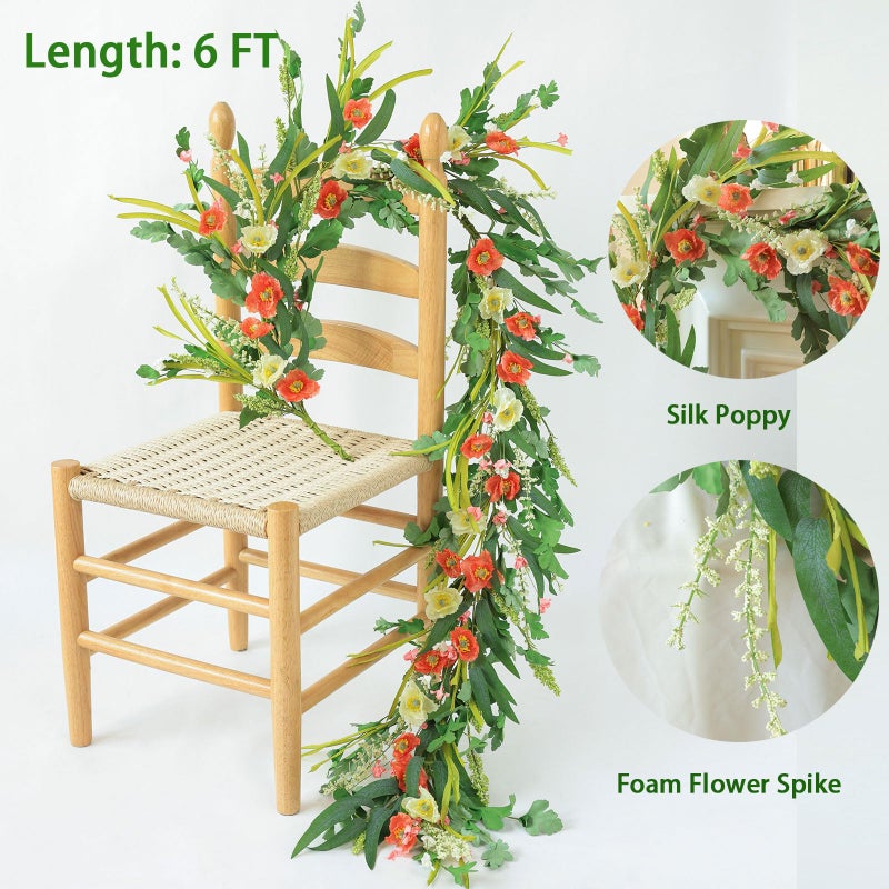 Mizii Red Artificial Flower Garland 6FT Fake Poppy Floral Garland Hanging Vines Spring Summer Flowers Decorations for Mantle Table Centerpieces Room Wall Fireplace Wedding Decor (Red) - Image 2