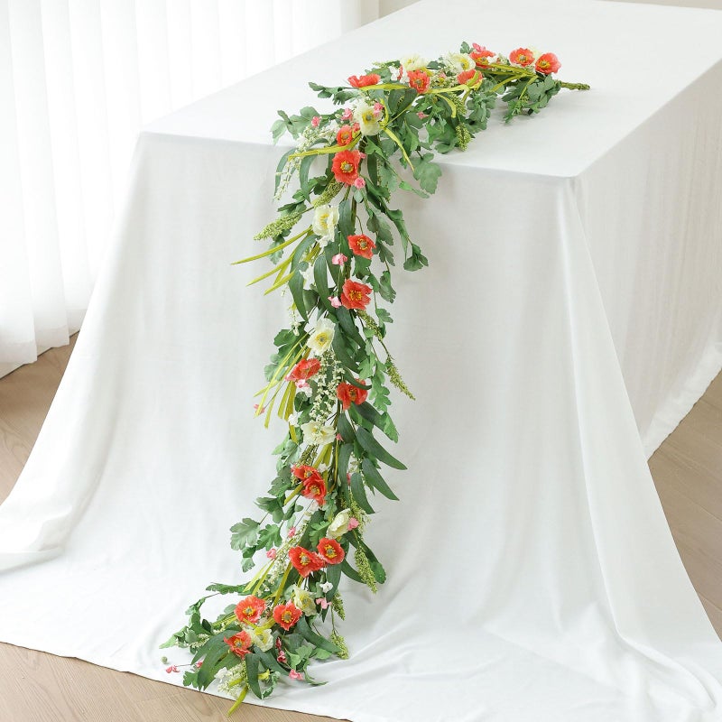 Mizii Red Artificial Flower Garland 6FT Fake Poppy Floral Garland Hanging Vines Spring Summer Flowers Decorations for Mantle Table Centerpieces Room Wall Fireplace Wedding Decor (Red) - Image 1