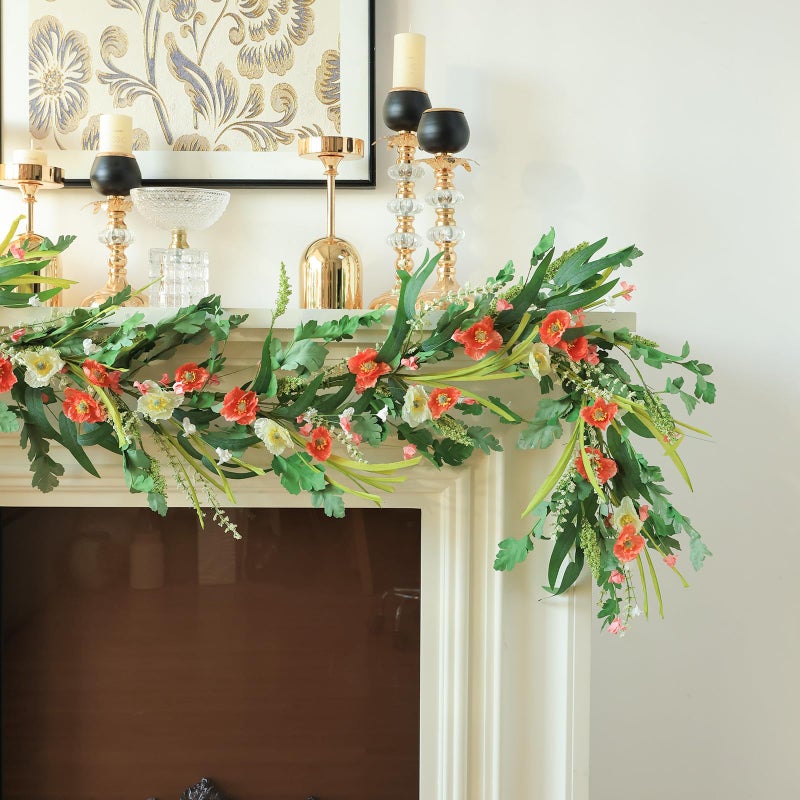 Mizii Red Artificial Flower Garland 6FT Fake Poppy Floral Garland Hanging Vines Spring Summer Flowers Decorations for Mantle Table Centerpieces Room Wall Fireplace Wedding Decor (Red) - Image 4