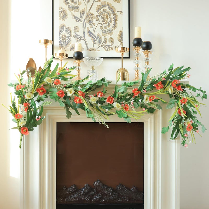 Mizii Red Artificial Flower Garland 6FT Fake Poppy Floral Garland Hanging Vines Spring Summer Flowers Decorations for Mantle Table Centerpieces Room Wall Fireplace Wedding Decor (Red) - Image 3