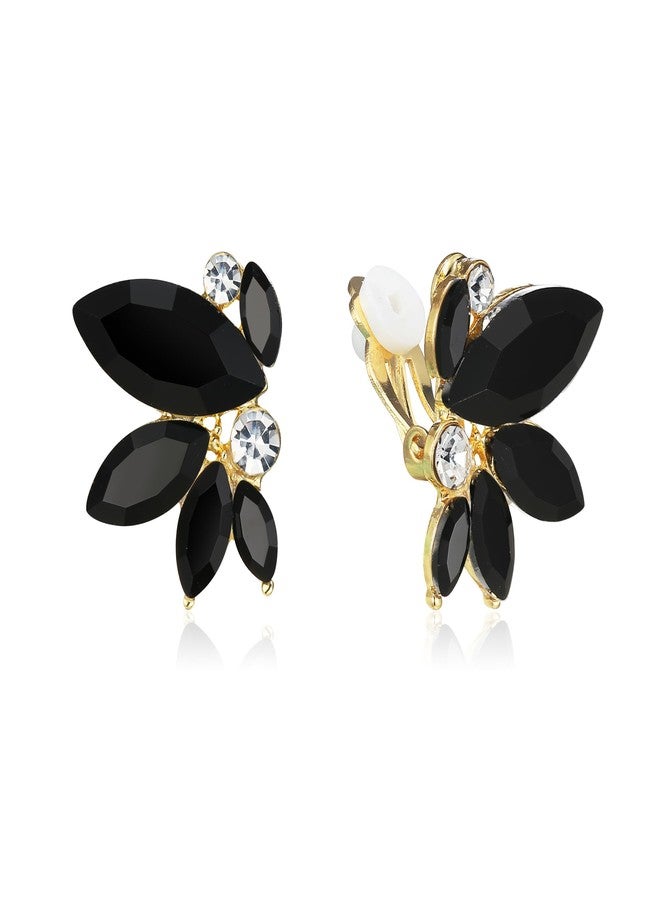 BriLove Gorgeous Stunning Rhinestone Marquise Clip-on Earrings for Women Wedding Bridal Party Prom Accessories Black Gold-Tone - Image 1
