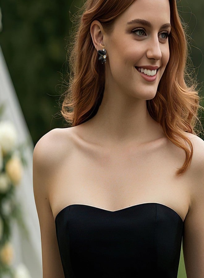 BriLove Gorgeous Stunning Rhinestone Marquise Clip-on Earrings for Women Wedding Bridal Party Prom Accessories Black Gold-Tone - Image 2