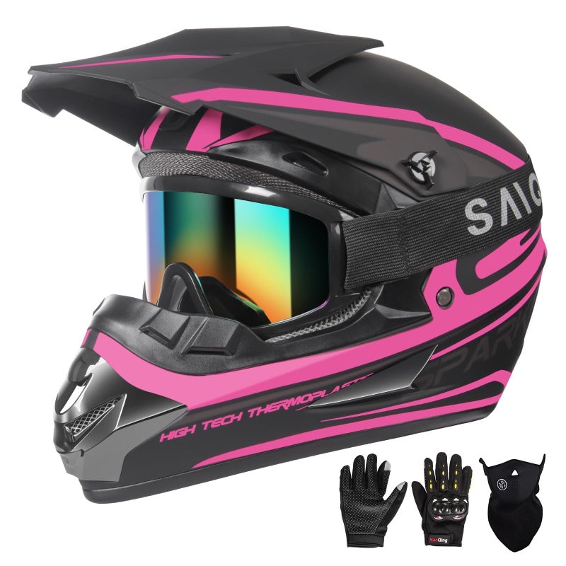 Youth Kids Motocross Helmet Adult ATV Dirt Bike Helmet OffRoad BMX 4Wheeler Full Face Motorcycle Helmet WGoggles Gloves Mask DOT Approved Pink L