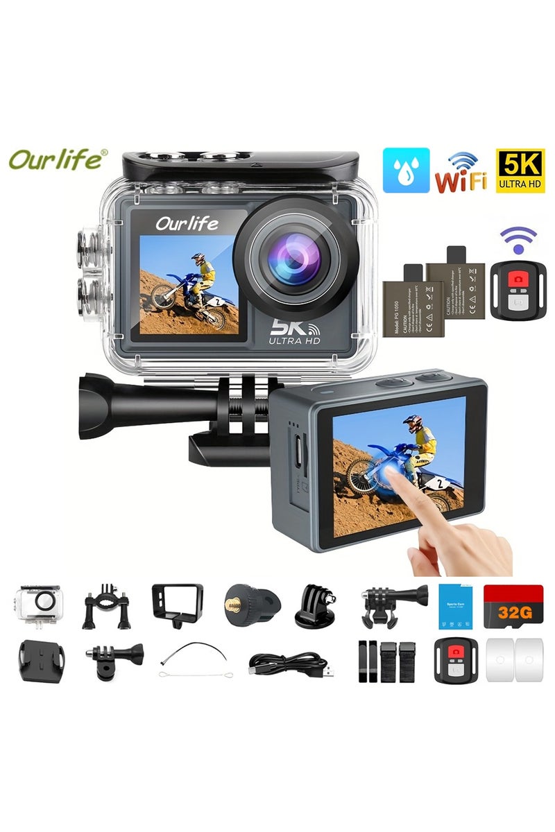 Ourlife Action Camera WiFi 5K30FPS, Dual Screen Sports Camera with 2 Batteries, 50MP Waterproof Camera Underwater 100FT, Vlog Camera 5X Digital Zoom, 170 ° Wide Angle, EIS, Remote Control, Helmet Mount Kits, 32G Card - Image 1