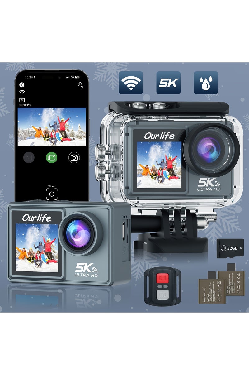 Ourlife Action Camera WiFi 5K30FPS, Dual Screen Sports Camera with 2 Batteries, 50MP Waterproof Camera Underwater 100FT, Vlog Camera 5X Digital Zoom, 170 ° Wide Angle, EIS, Remote Control, Helmet Mount Kits, 32G Card - Image 2