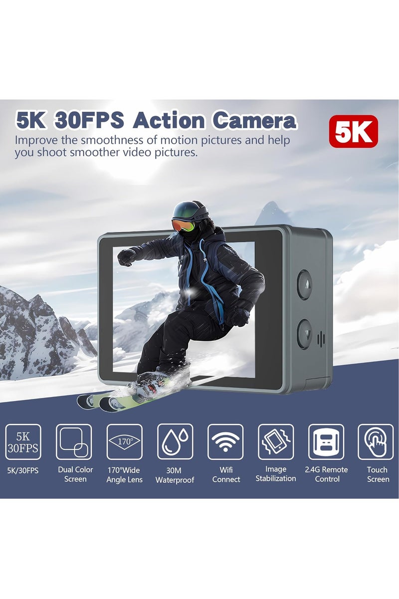 Ourlife Action Camera WiFi 5K30FPS, Dual Screen Sports Camera with 2 Batteries, 50MP Waterproof Camera Underwater 100FT, Vlog Camera 5X Digital Zoom, 170 ° Wide Angle, EIS, Remote Control, Helmet Mount Kits, 32G Card - Image 3