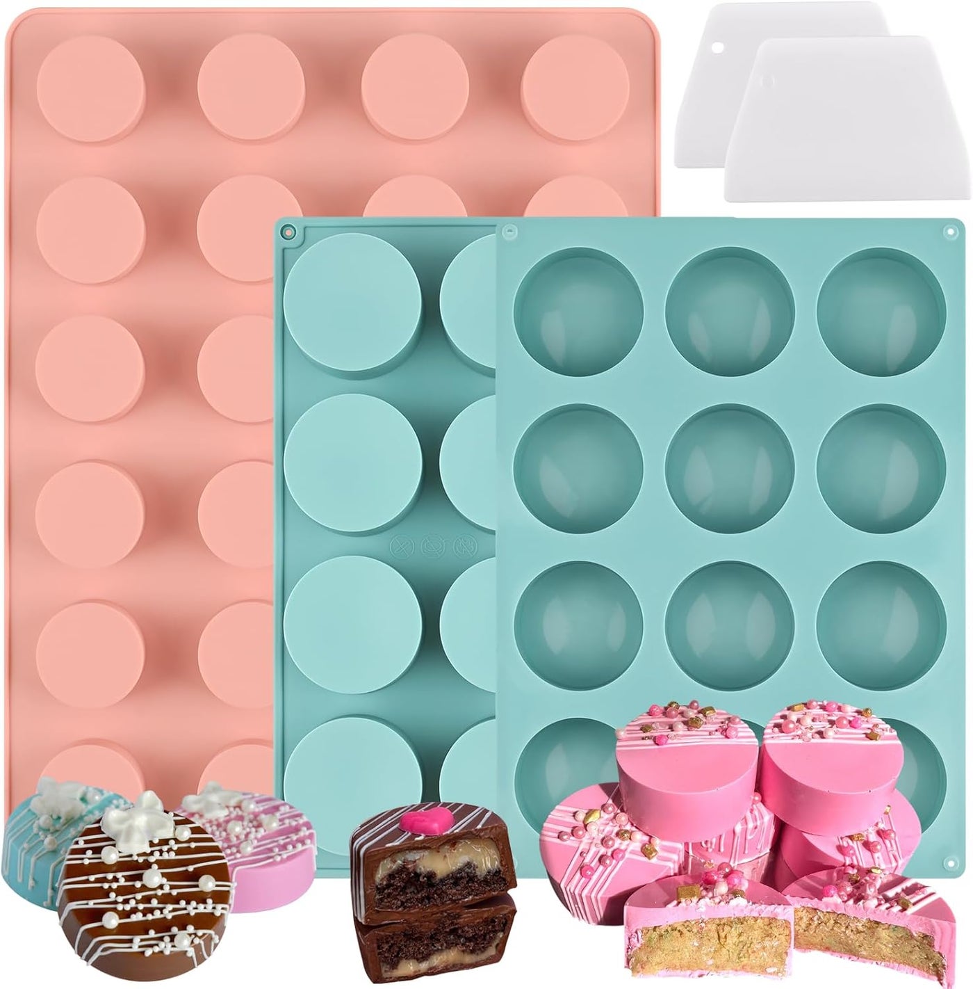 73Hours Cake Puck Mold Set, Chocolate Covered Cake Silicone Molds, 24-Cavity Round Cake Pop Molds with 2 Spatulas for DIY Cake Cores, Cakepucks, Chocolate Desserts