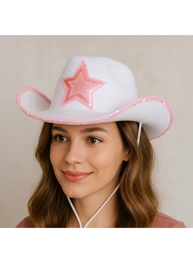 GiftExpress GiftExpress White Felt Cowgirl Hat with Pink Sequin Star, Country Themed Party Cowboy Dressup Play Costume Hat For Teens & Adults  - Image 2
