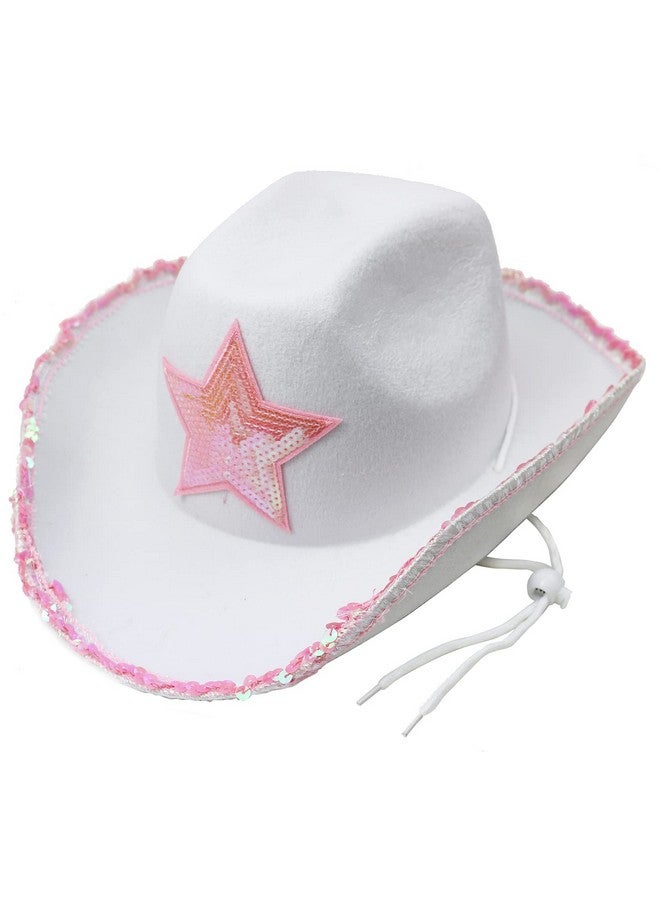 GiftExpress GiftExpress White Felt Cowgirl Hat with Pink Sequin Star, Country Themed Party Cowboy Dressup Play Costume Hat For Teens & Adults  - Image 1