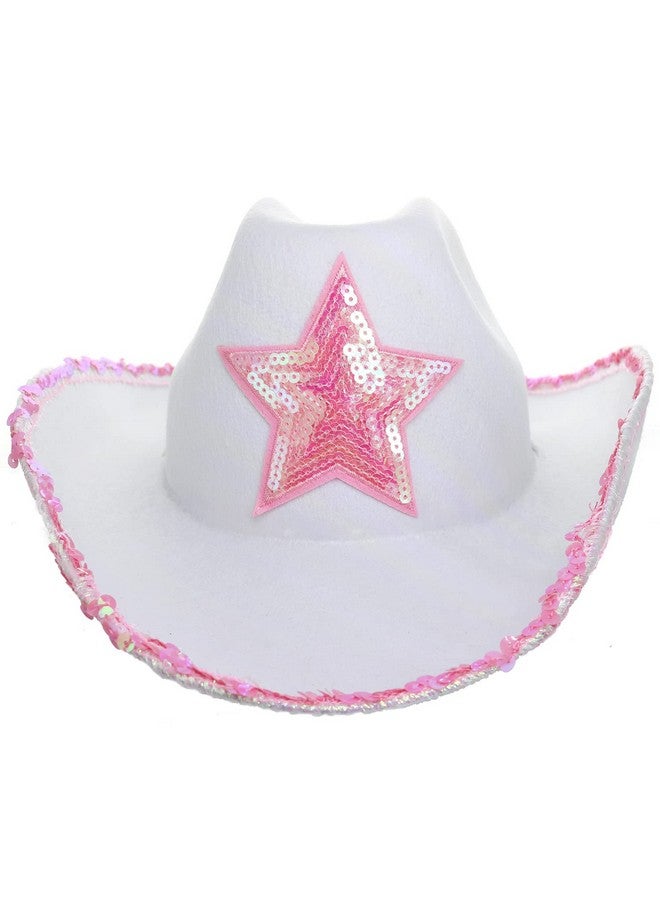 GiftExpress GiftExpress White Felt Cowgirl Hat with Pink Sequin Star, Country Themed Party Cowboy Dressup Play Costume Hat For Teens & Adults  - Image 4