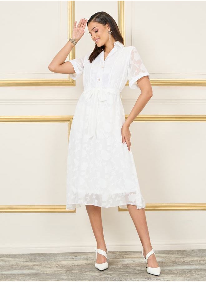 Styli Floral Texture Notch Neck A-Line Midi Dress with Self Tie Up  - Image 1