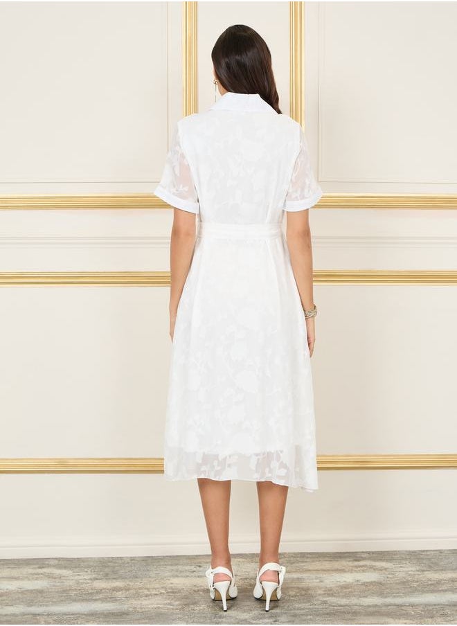 Styli Floral Texture Notch Neck A-Line Midi Dress with Self Tie Up  - Image 4